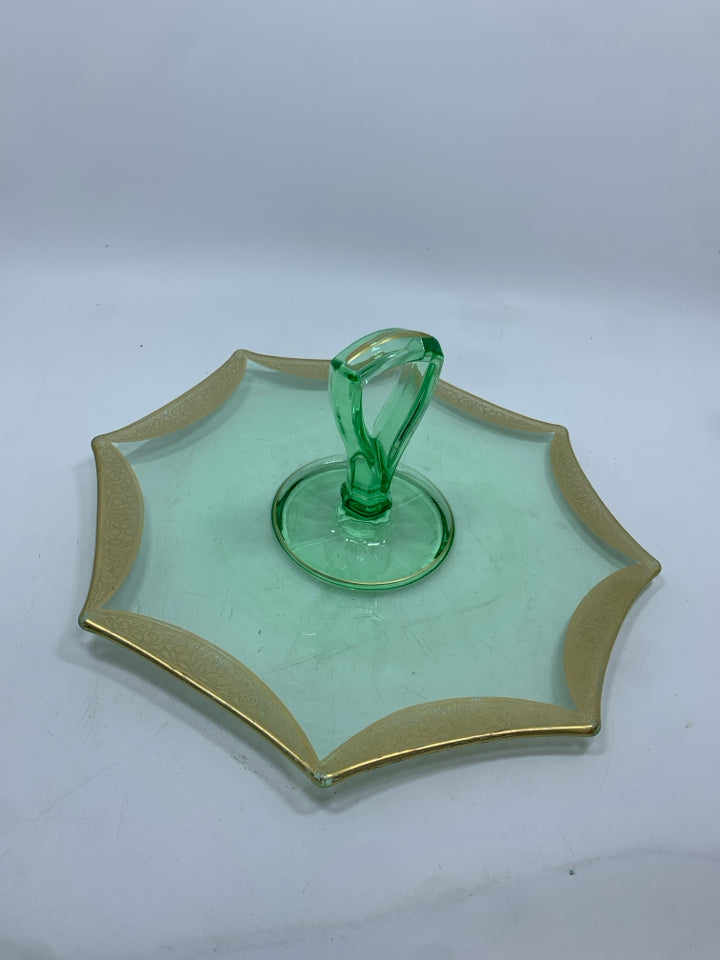 VTG GREEN GLASS TIDBIT SERVER.