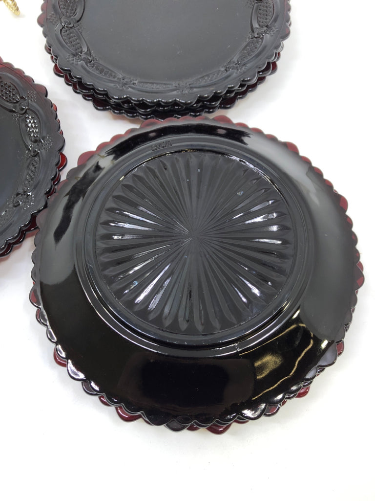 8 VTG AVON CRANBERRY GLASS SIDE PLATES.