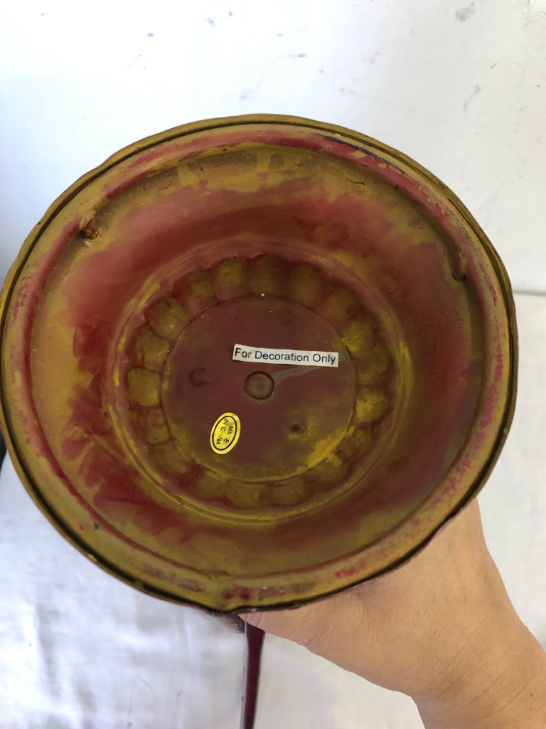 DISTRESSED RED DECORATIVE VASE W/SWIRL ARMS.