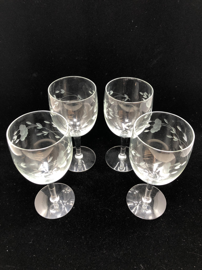 4 FLOWER ETCHED HERITAGE WINE GLASSES.