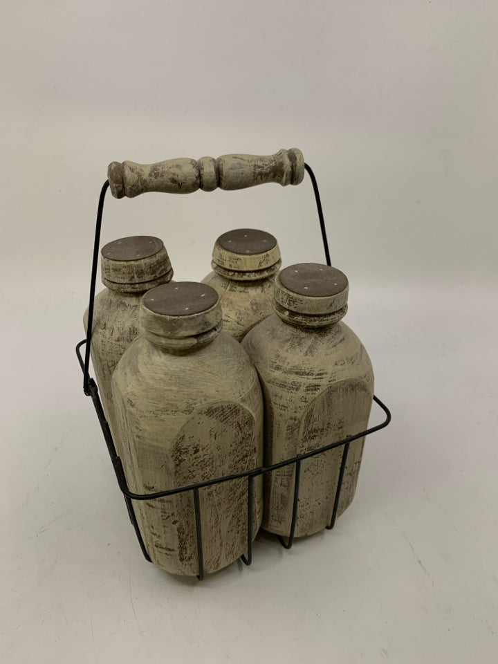 4 RUSTIC WOOD MILK BOTTLES IN CRATE.