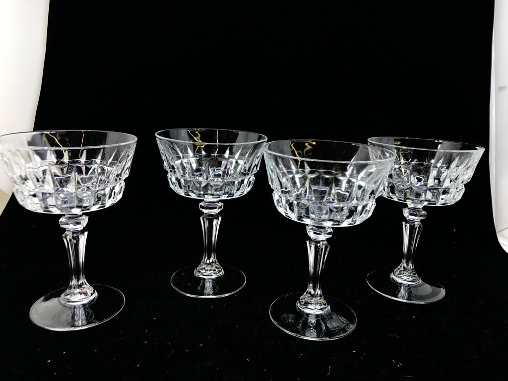 4 CRYSTAL WINE COUPE GLASSES.
