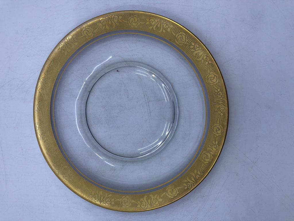 10 VTG DESSERT PLATES W GOLD ETCHED ROSE PATTERN RIM.