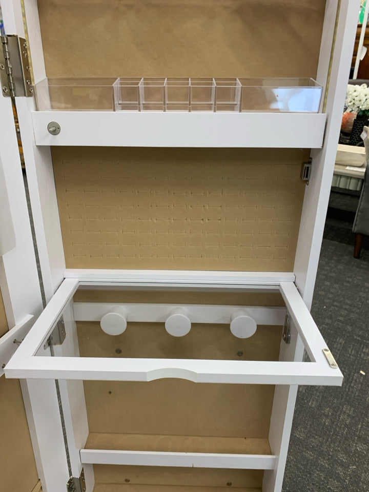 FULL LENGTH BODY MIRROR ON SWIVEL W/ JEWELRY STORAGE.