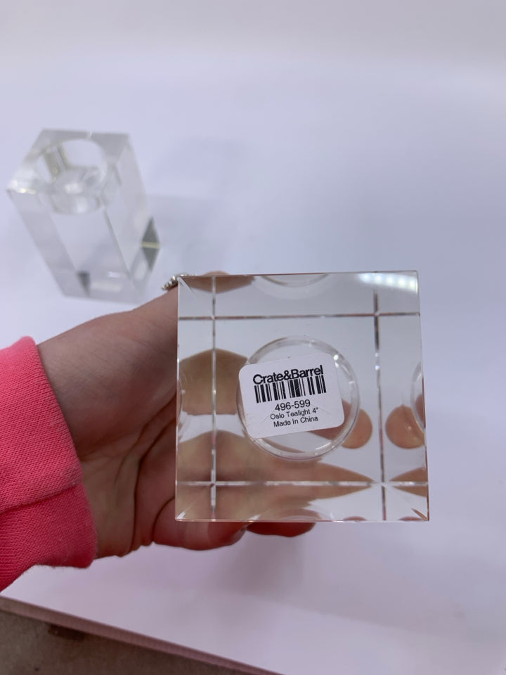 2 HEAVY CALLUM CLEAR GLASS TEA LIGHT HOLDERS.