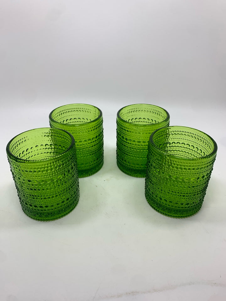 4 SHORT TEXTURED GREEN TUMBLERS.