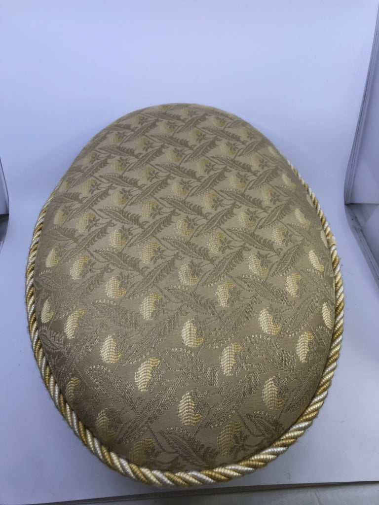 YELLOW FOOT REST FLORAL PATTERN W/TWISTED CHORD EDGE & DARK WOOD FEET.