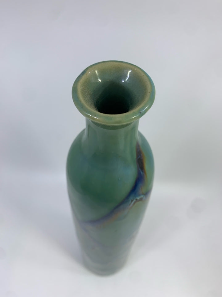 TEAL BLACK SWIRL TALL POTTERY VASE.