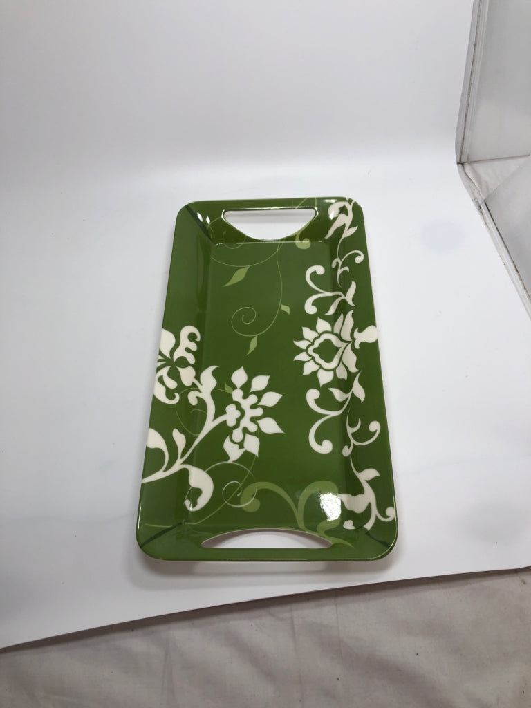 GREEN FLORAL SCROLL MELAMINE TRAY WITH CUTOUT HANDLES.