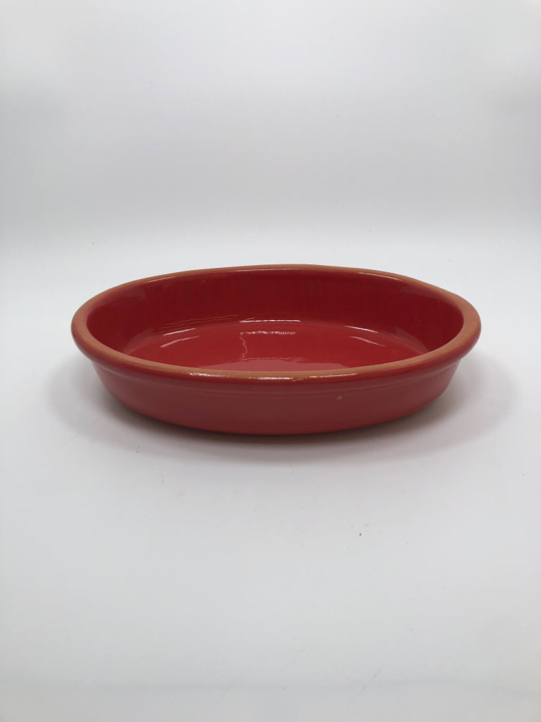 RED POTTERY CASSEROLE DISH.
