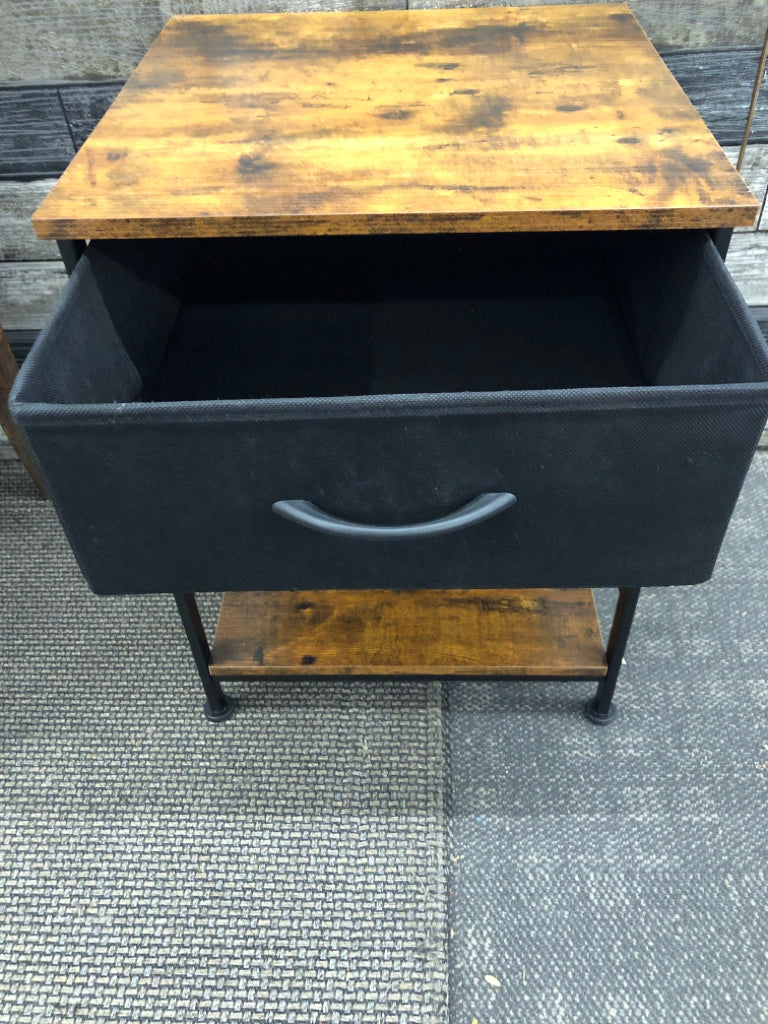 WOOD TOP SIDETABLE W/BLACK LEGS, FABRIC DRAWER.