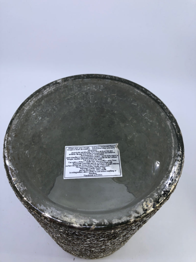 SILVER CRACKLE CYLINDER CANDLE HOLDER.