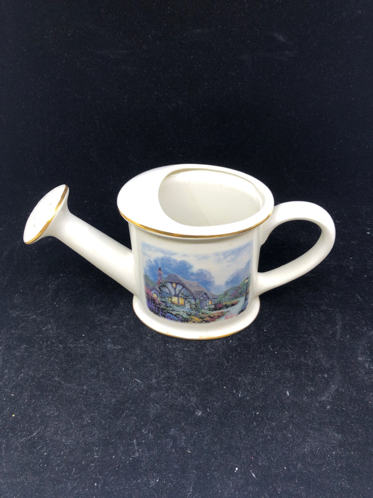 THOMAS KINKADE WATERING CAN WITH GOLD TRIM PLANTER.