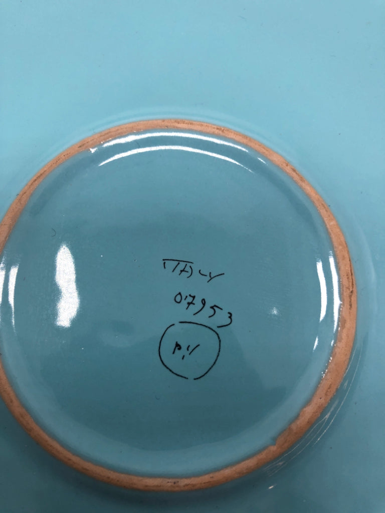 BLUE CERAMIC SERVING BOWL W/WHITE PAINTED FRUITS.