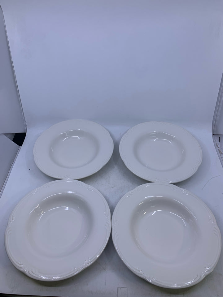 4 OFF WHITE SHALLOW BOWLS DETAILED EDGE.