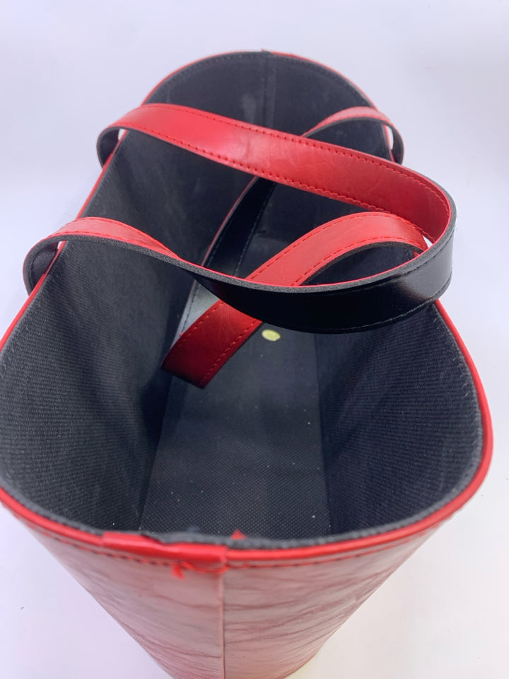 RED LEATHER FAUX PURSE BASKET W/BUCKLES.