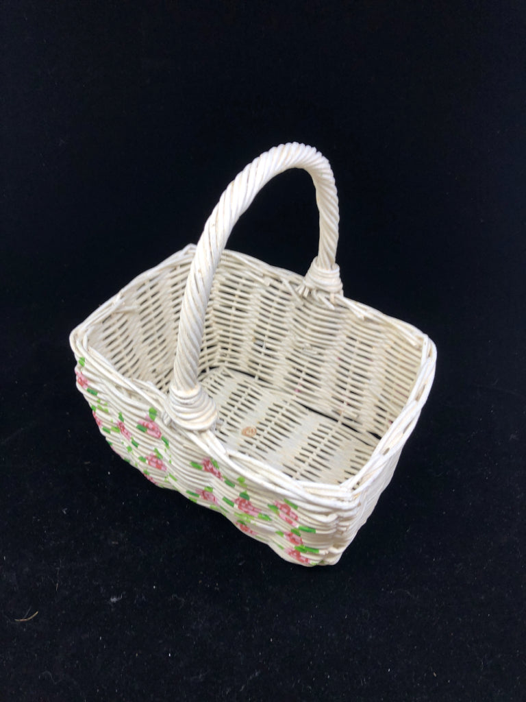 WHITE BASKET W PINK ROSES AND HANDLE.