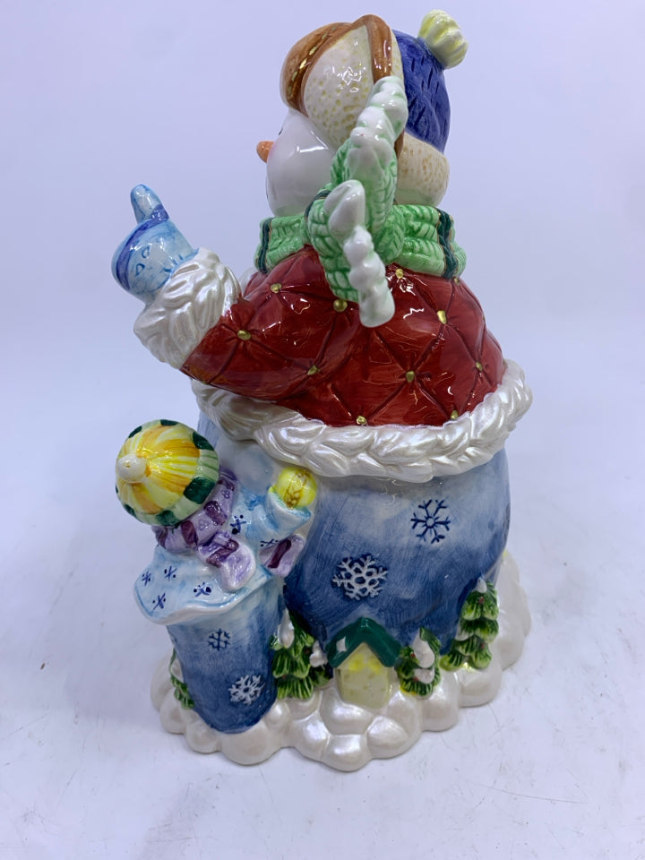 CERAMIC SNOWMAN W/2 SNOW CHILDREN COOKIE JAR.