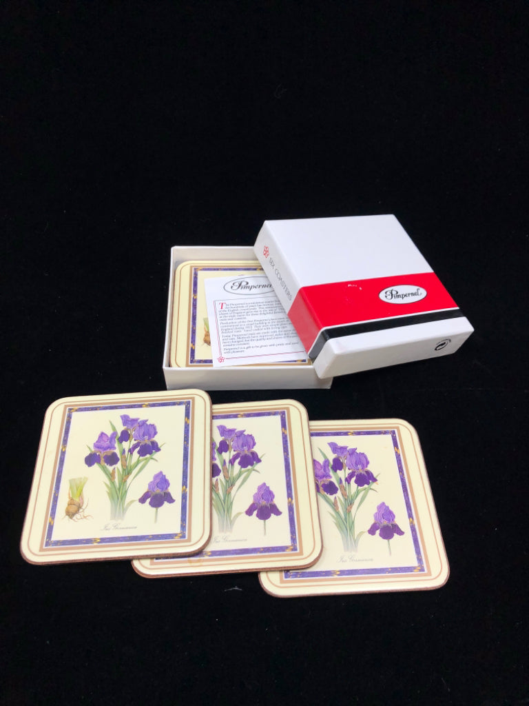 6 IRIS CORK COASTERS IN BOX.