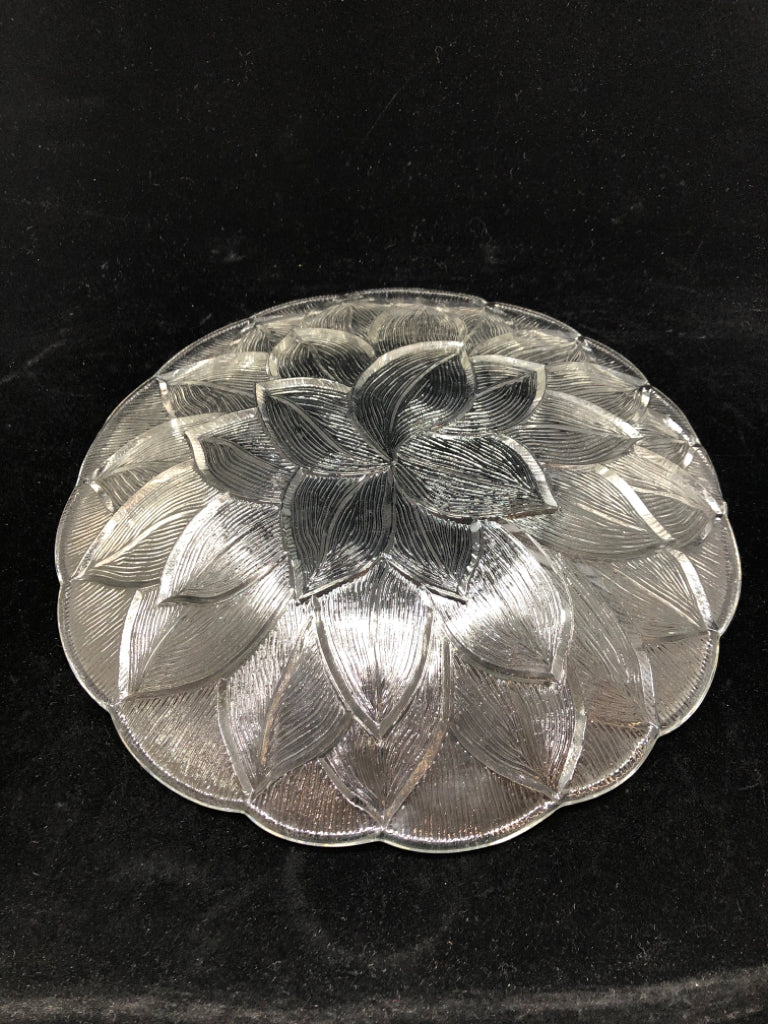 CUT GLASS SERVING PLATE W/EMBOSSED LEAF DESIGN.