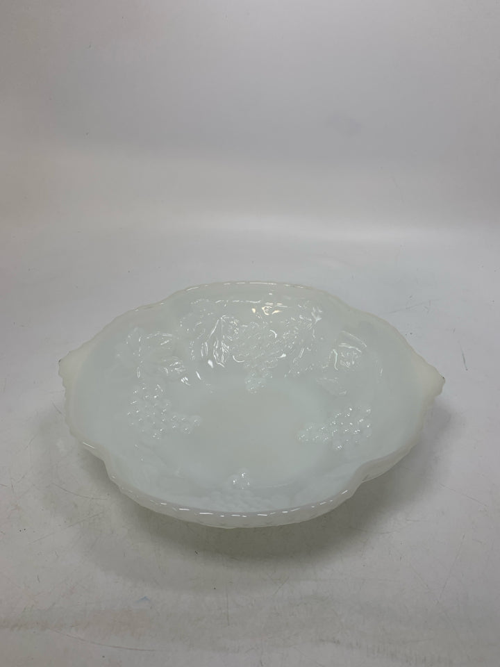 MILK GLASS BOWL W/ EMBOSSED GRAPES.