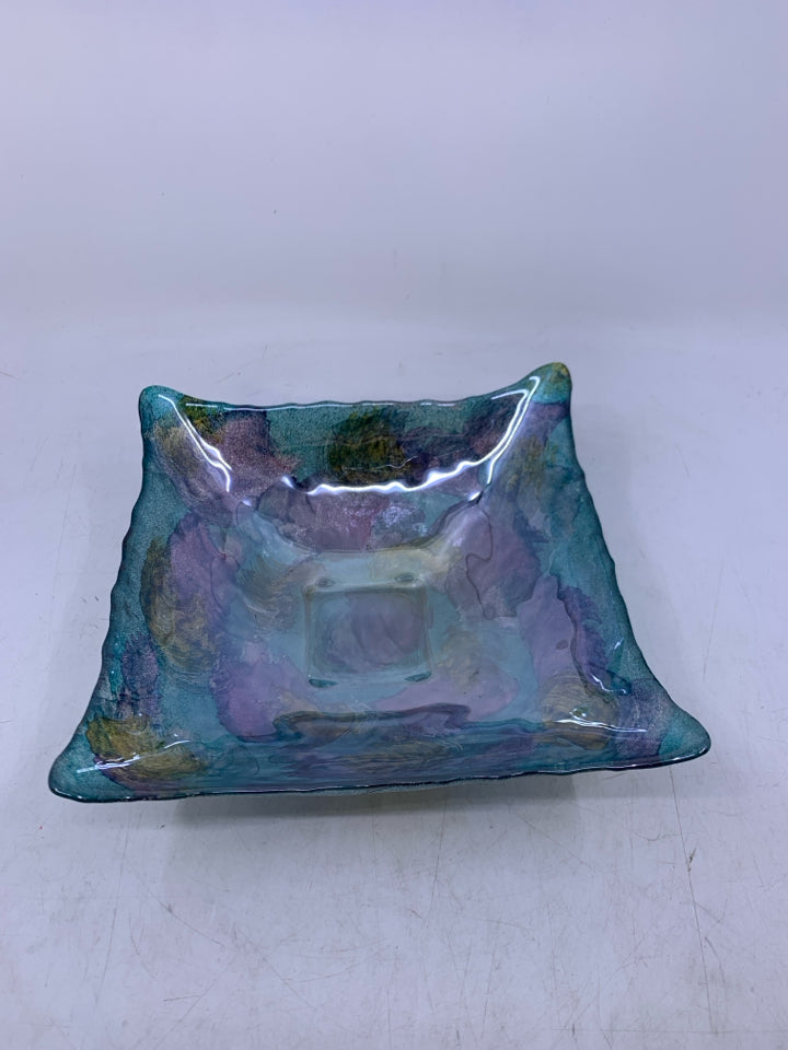 SQUARE GLASS BOWL W/ SPARKLE TEAL PURPLE YELLOW.