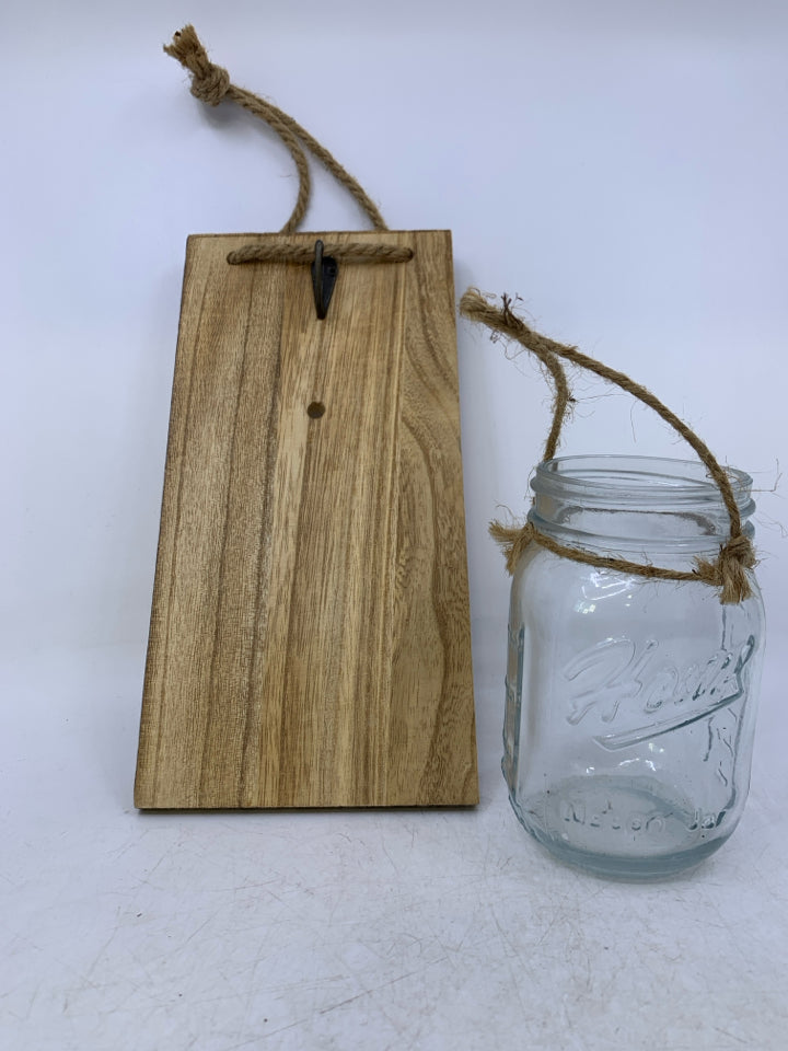 WOOD SLAB W/ HANGING MASON JAR WALL HANGING.