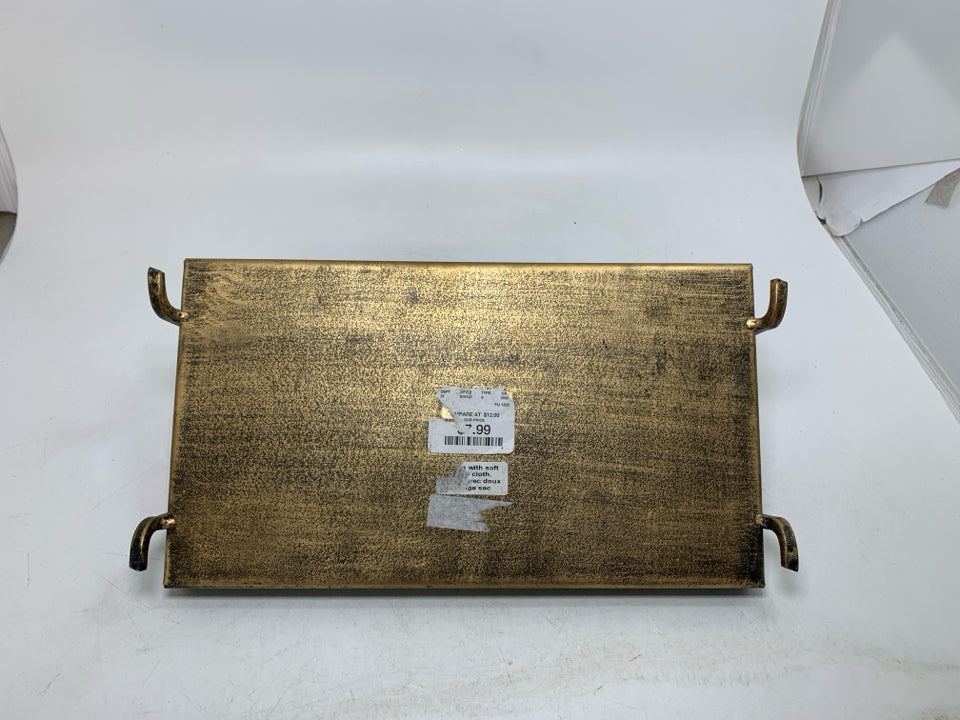 METAL FOOTED RECTANGLE TRAY W/ ARCHED HANDLES.