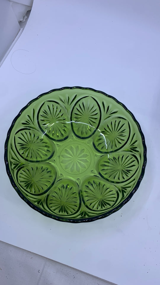 VTG GREEN GLASS SERVING BOWL W/ OVAL DESIGNS.