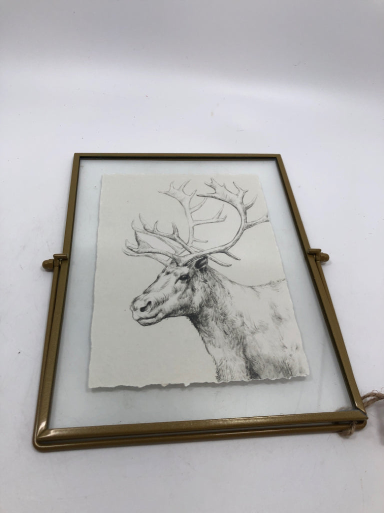 ELK DRAWN PRINT IN GOLD FRAME.