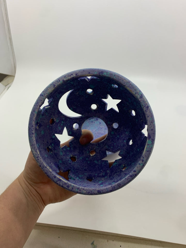 BLUE TEXTURED 2PC STAR AND MOON CUT OUT CANDLE LANTERN.