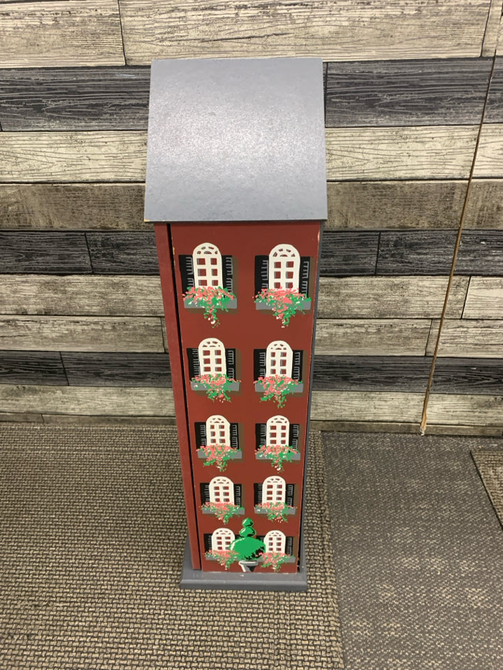 HAND-PAINTED APARTMENT SHELVING UNIT W/POINTED ROOF.