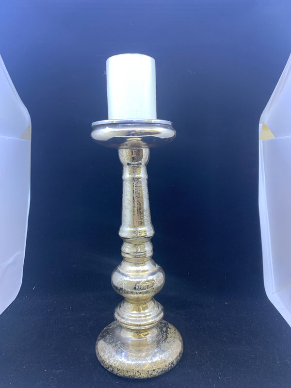 GOLD MERCURY GLASS PILLAR CANDLE HOLDER W/ CANDLE.
