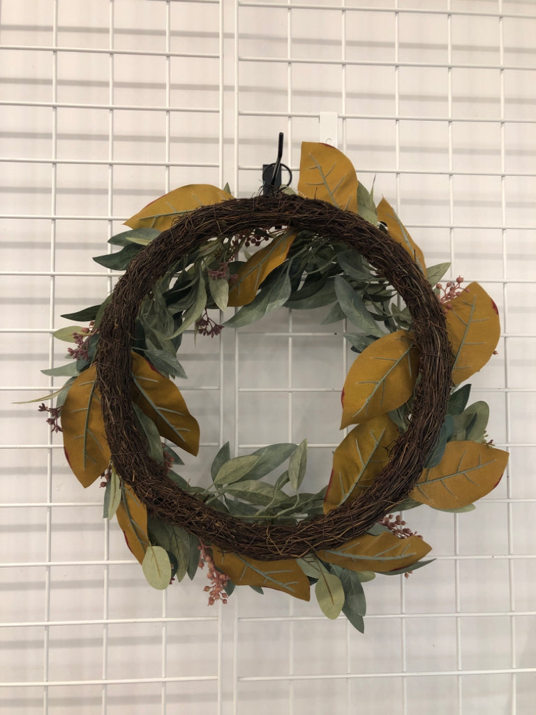 DARK LEAF WREATH W/FAUX SUCCULENTS.