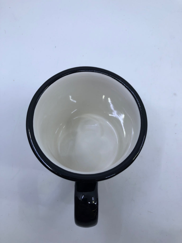 BLACK PRIMITIVE SNOWMAN MUG.