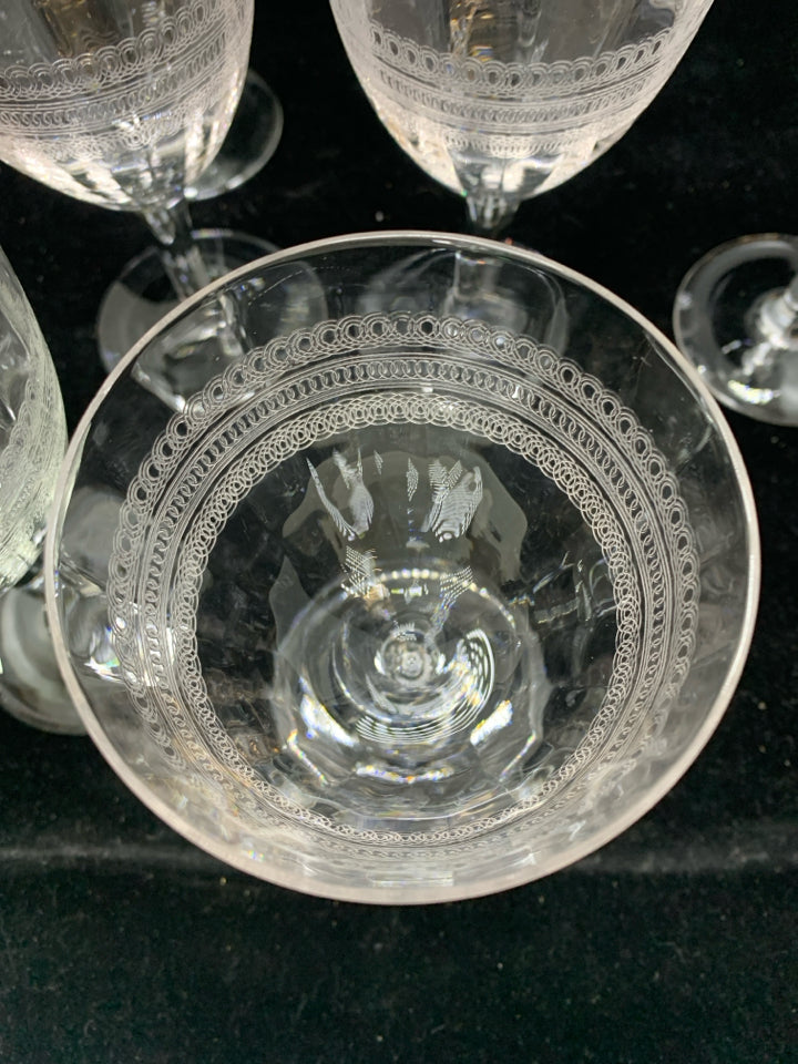 8-VTG ETCHED GOBLET/WINE GLASSES.