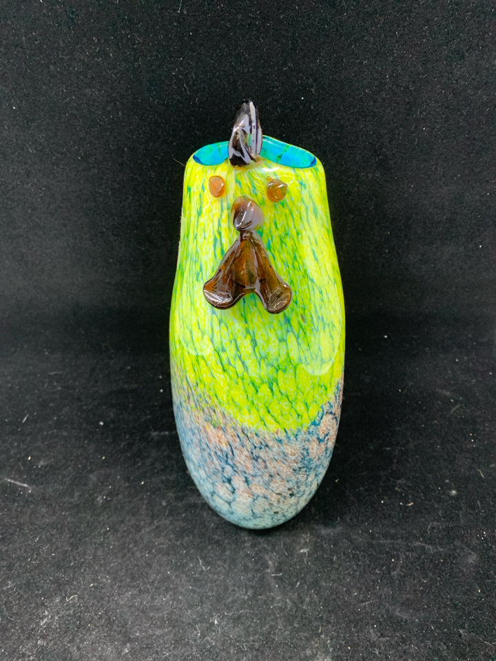 YELLOW,BLUE BLOWN GLASS ROOSTER VASE.