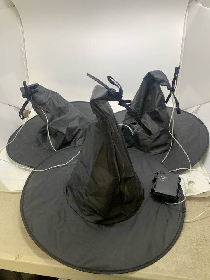3 BLACK WITCH HATS W/ LIGHTS.