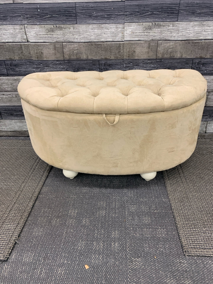 TAN HALF-MOON VELVET STORAGE OTTOMAN.