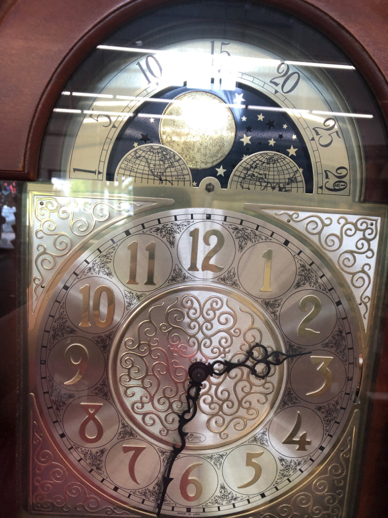 RIDGEWAY CHERRY WOOD GRANDFATHER CLOCK W/SHELVES & LIGHT.