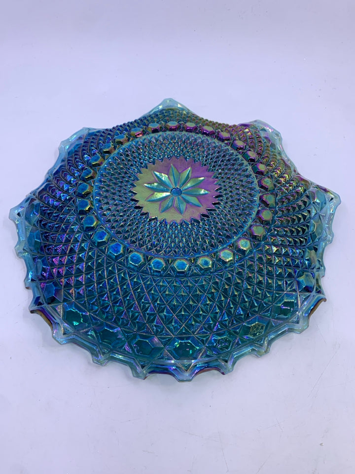 VTG BLUE CARNIVAL GLASS WAVY EDGE SERVER.