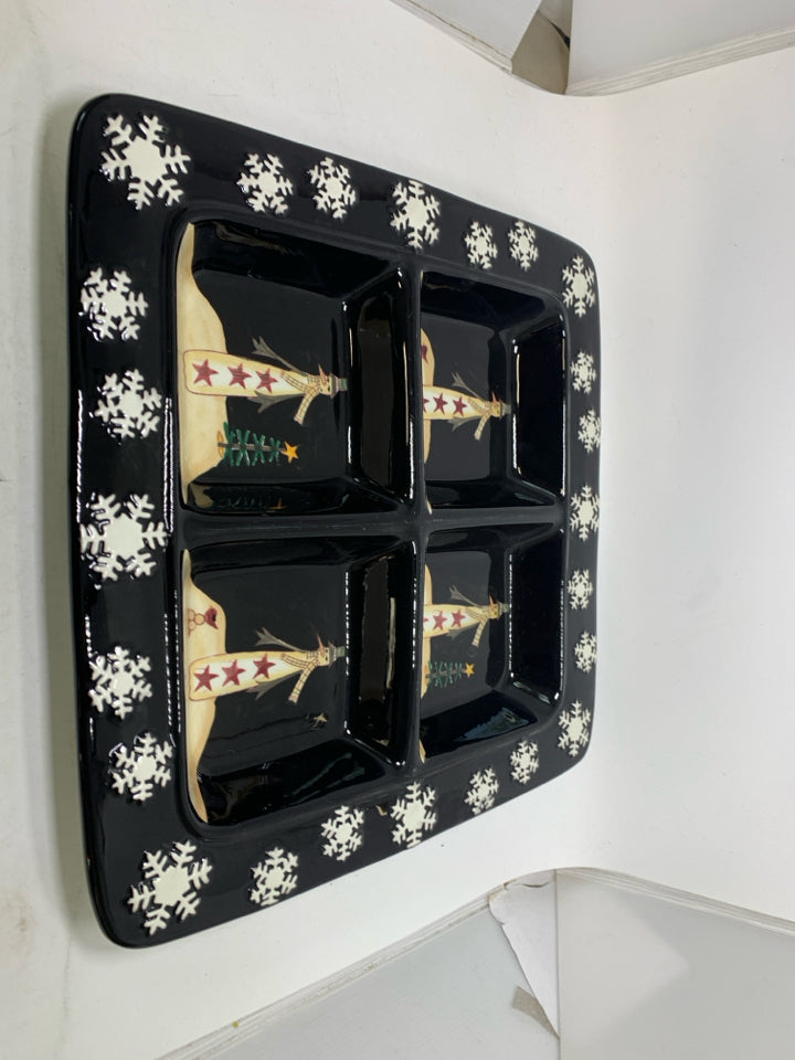 LARGE BLACK DIVIDED PLATTER W/ PRIMITIVE STYLE SNOWFLAKES & SNOWMEN.