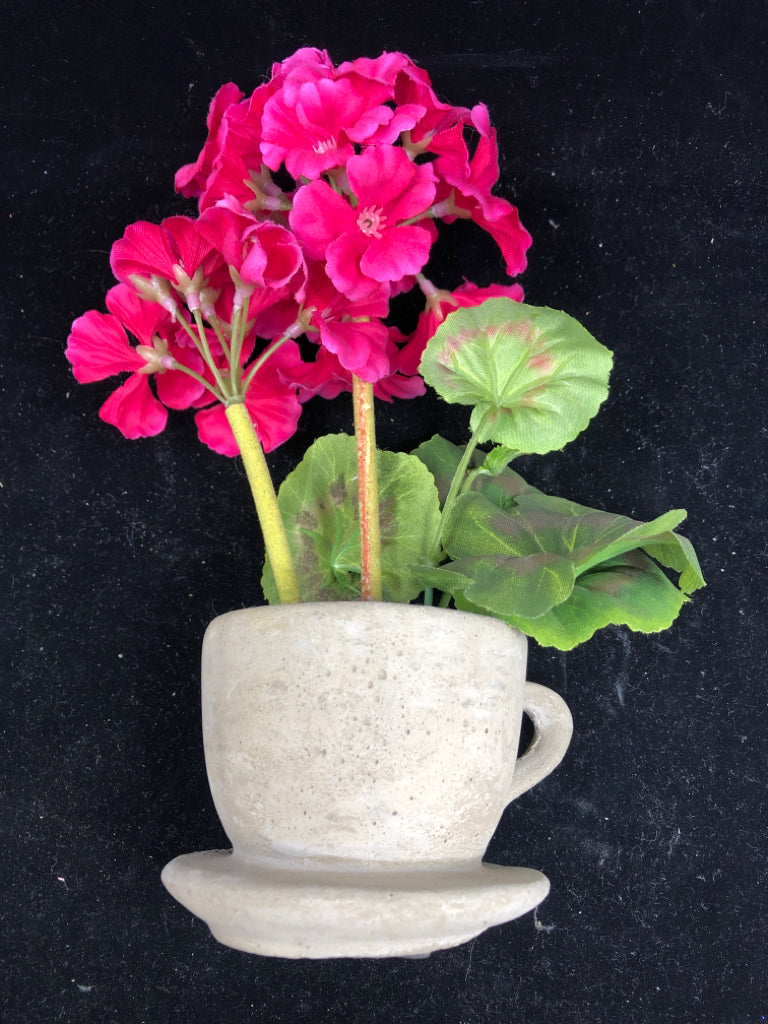 CEMENT TEACUP PLANTER W FAUX PINK FLORAL.