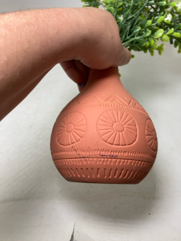CARVED TERRA COTTA PLANTER W/ FAUX LITTLE WHITE FLOWERS/PEARLS.