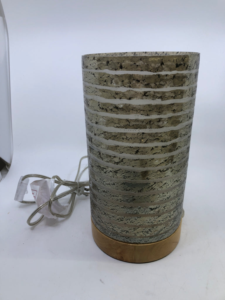 SILVER GLASS LAMP W/WOOD BASE.