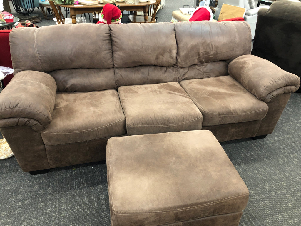 FAUX SUEDE 3-SECTION SOFA W/SM OTTOMAN.