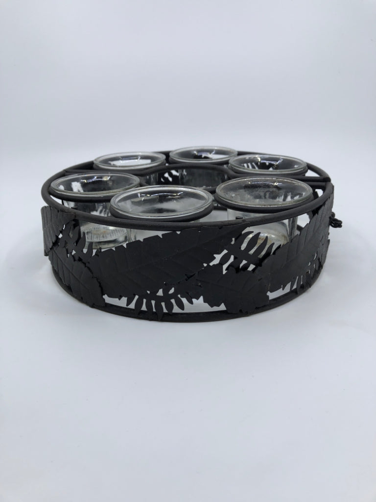 BLACK METAL TEALIGHT PATIO UMBRELLA HOLDER 6 SECTION.