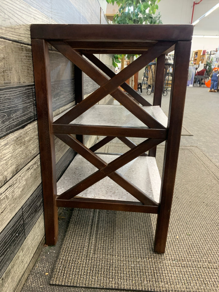 2 TIER DK WOOD GREY TOP SIDE TABLE.