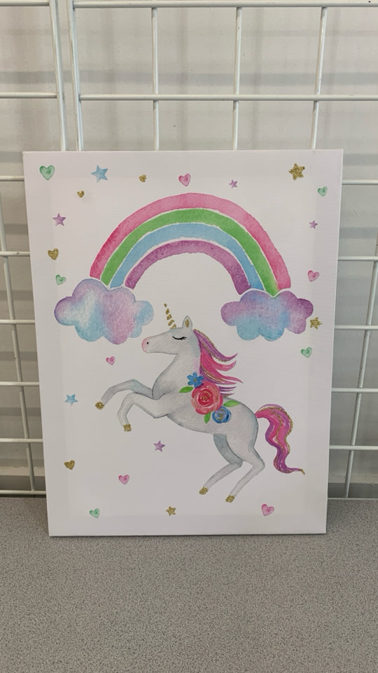 UNICORN+RAINBOW W/GOLD ACCENT CANVAS WALL HANGING.