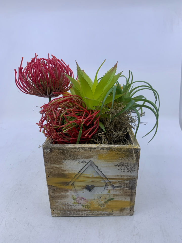 PAINTED WOOD BOX W/ BIRDS FAUX SUCCULENTS.